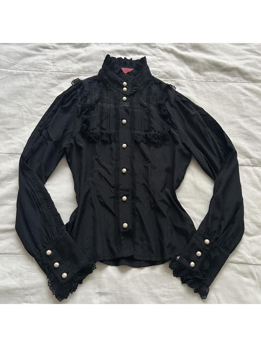 Baby the Stars Shine Bright Black Blouse Lace Pintuck Ruffle Pearl Buttons XS